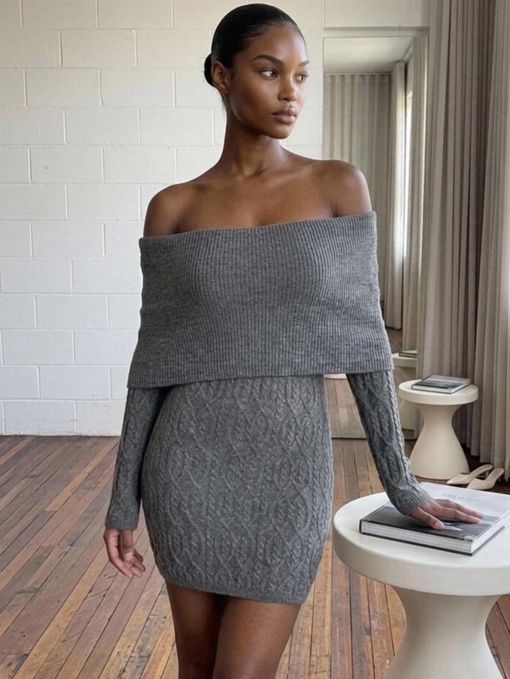 Livesso Women's Cable Knit Off-Shoulder Sexy Sweater Dress